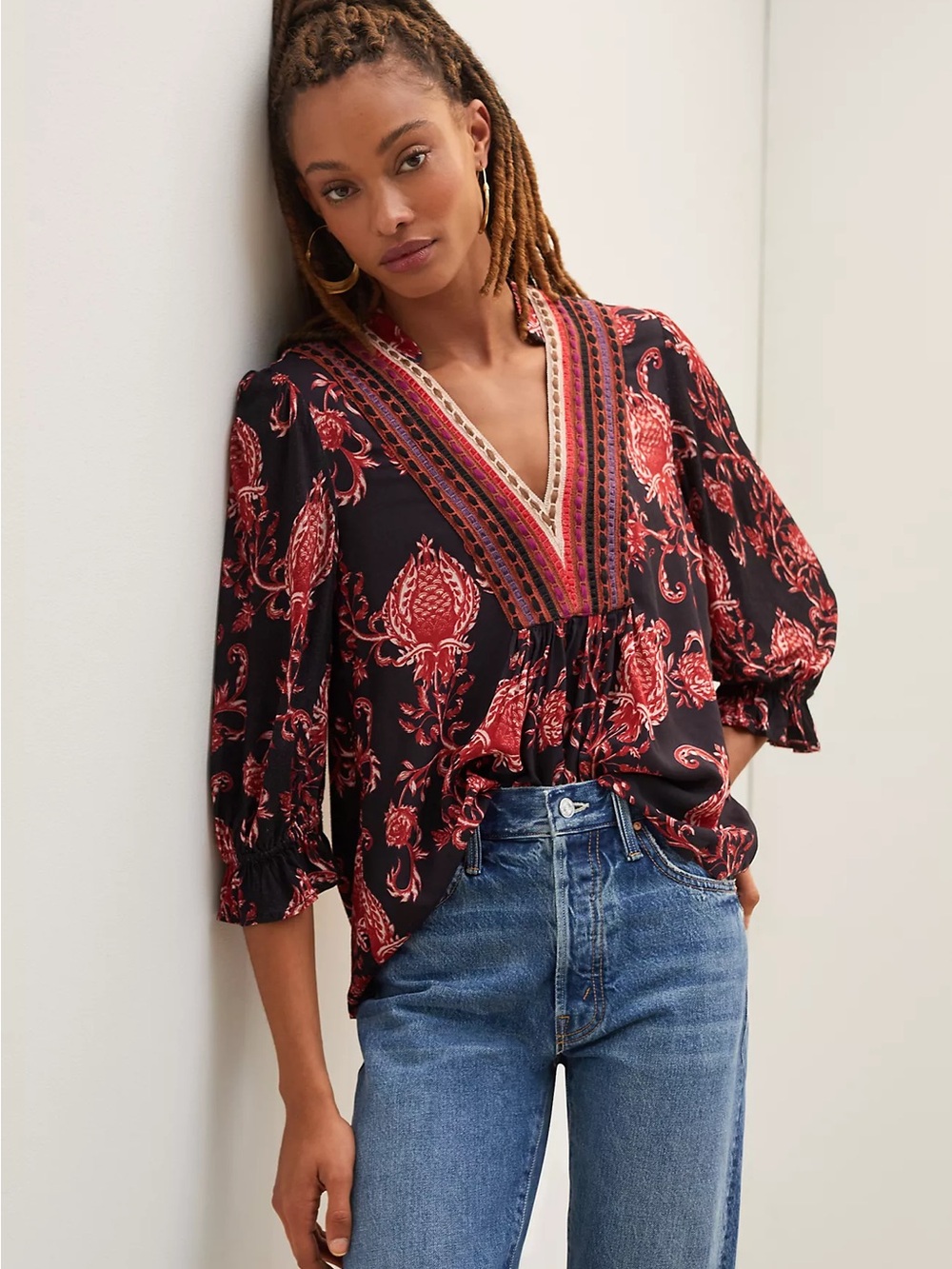 Bl^nk London Black Red Paisley Boho Tunic Blouse Size Medium 6149